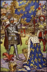 Francis I, the King of France, receives the order of Knighthood from Bayard